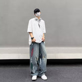 Men Jeans Water Washed Hole Jeans Men's Summer Loose Wide-Leg Straight Pants